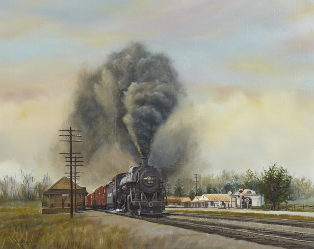 Joseph Wilhelm, "Steam Train at Tickfaw Station," 20th: Joseph Wilhelm, "Steam Train at Tickfaw Station," 20th c., oil on canvas, signed l.l., framed, H.- 16 in., W.- 20 in.