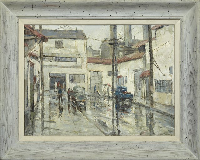 Joshua Meador (1911-1965, California), "Cannery Row,": Joshua Meador (1911-1965, California), "Cannery Row," 20th c., oil on canvas, signed l.r., signed and titled verso, framed, H.- 22 in., W.- 30 in.