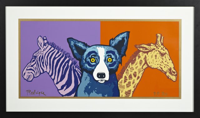 George Rodrigue (1944-), "Blue Dog at the Zoo," 20th: George Rodrigue (1944-), "Blue Dog at the Zoo," 20th c., serigraph, press proof, 7/10, signed l.l., numbered l.r., framed, H.- 15 3/4 in., W.- 32 1/2 in.