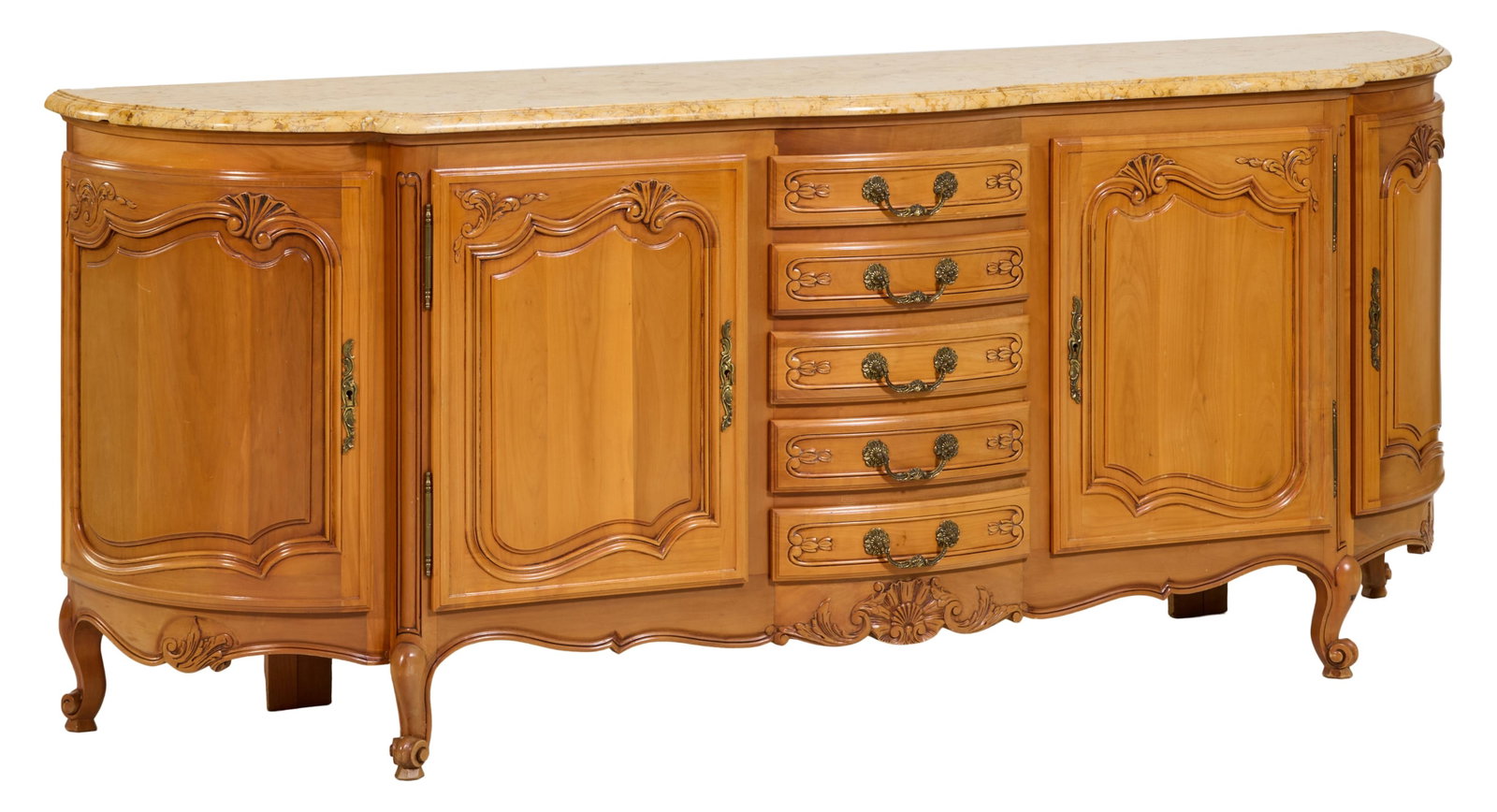 French Louis XV Style Beech Marble Top Enfilade, late 20th c., Enfilade- H.- 40 1/2 in., W.- 98 in.,: French Louis XV Style Beech Marble Top Enfilade, late 20th c., the enfilade with a central bank of five drawers with two cabinet doors to each side, with foliate and scroll decoration, on scrolled cab