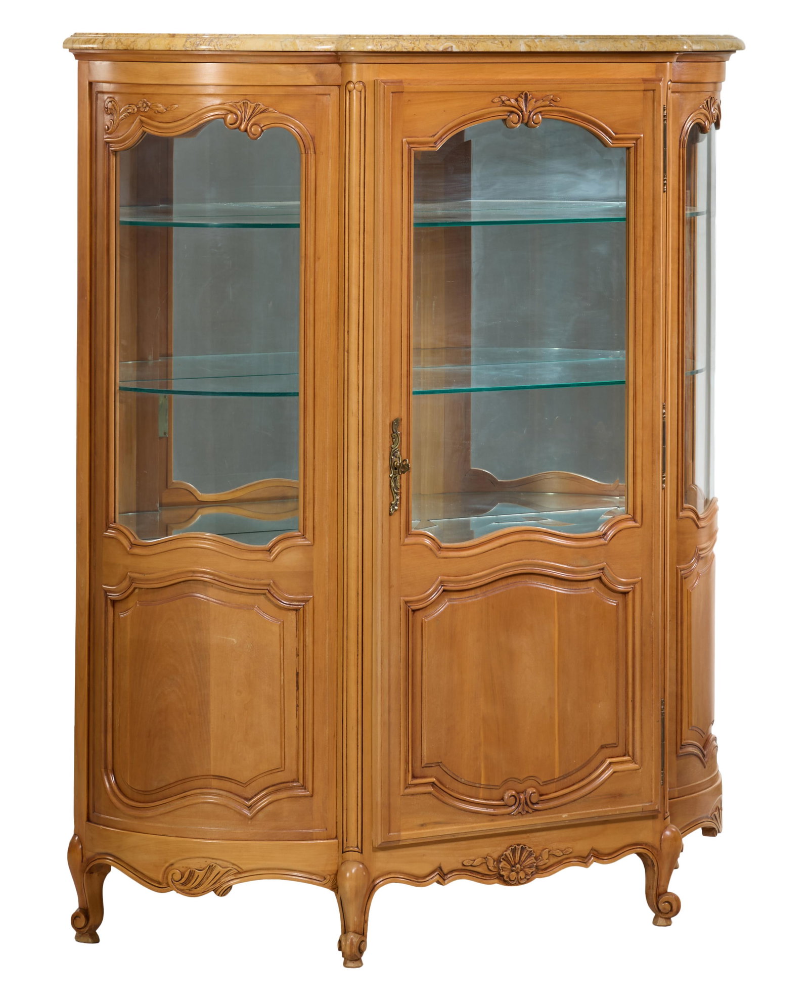 French Louis XV Style Beech Marble Top Vitrine, late 20th c., H.- 65 1/4 in., W.- 55 1/4 in., D.- 21 (1 of 2)