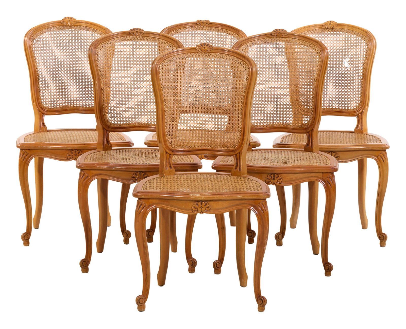 Set of Six French Louis XV Style Beech Dining Chairs, late 20th c., Each- H.- 36 1/2 in., W.- 20 (1 of 2)