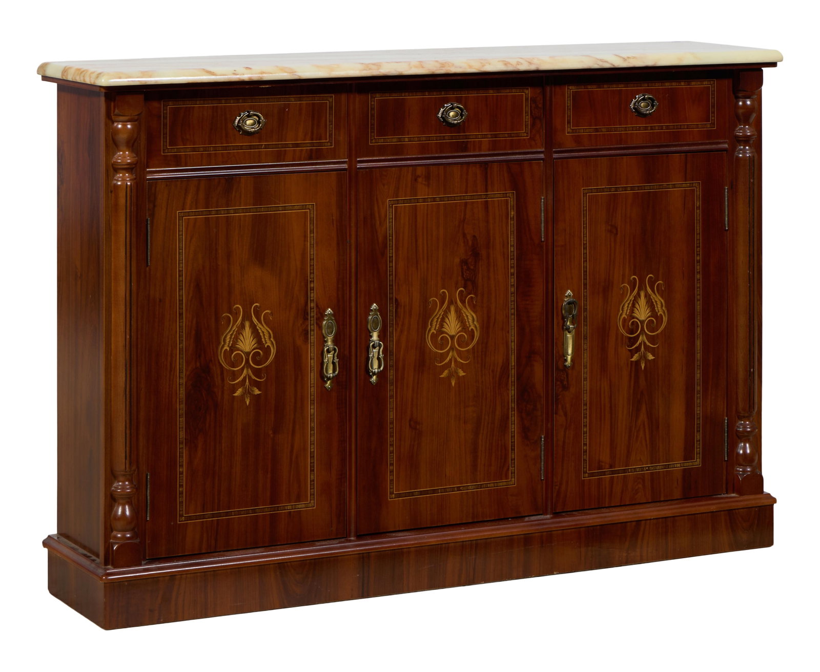 French Empire Inspired Marble Top Sideboard, 21st c., H.- 32 in., W.- 45 1/4 in., D.- 10 1/2 in. (1 of 2)