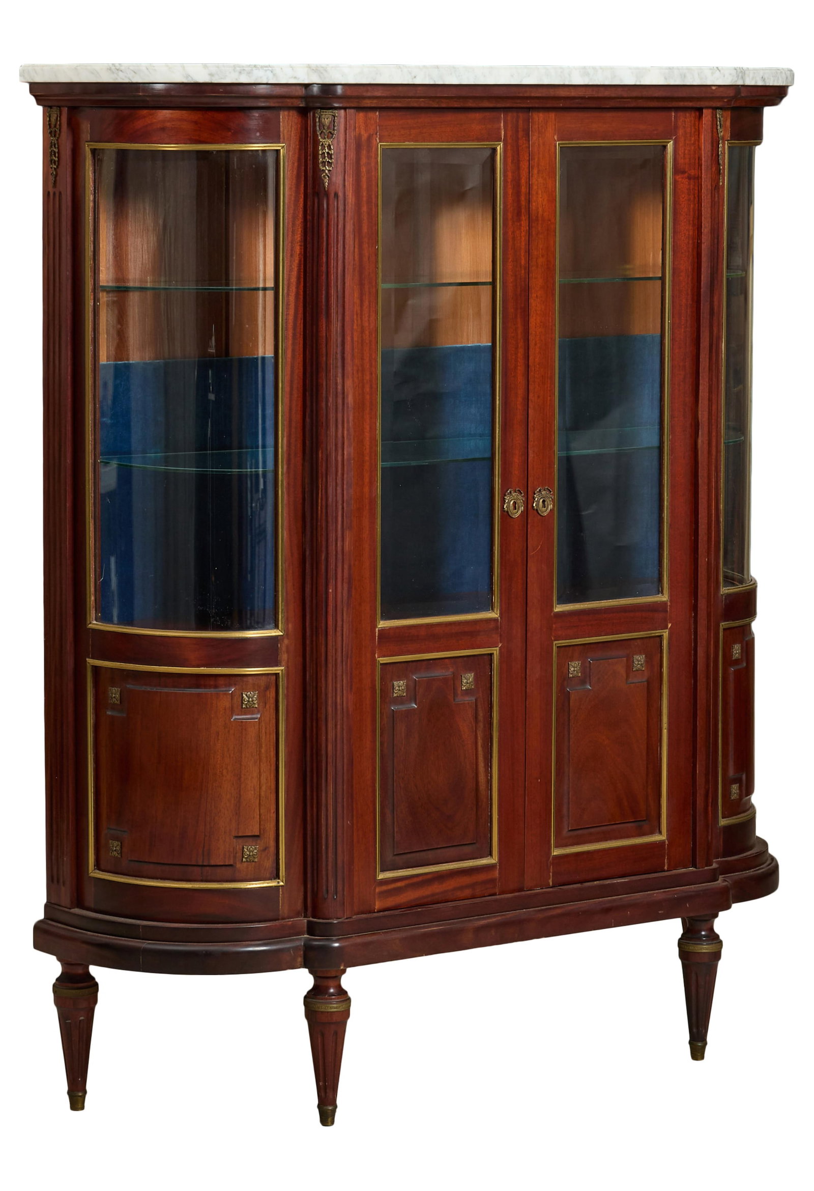 French Louis XVI Style Marble Top Ormolu Mounted Curio Cabinet, early 20th c., H.- 63 in., W.- 54 (1 of 2)