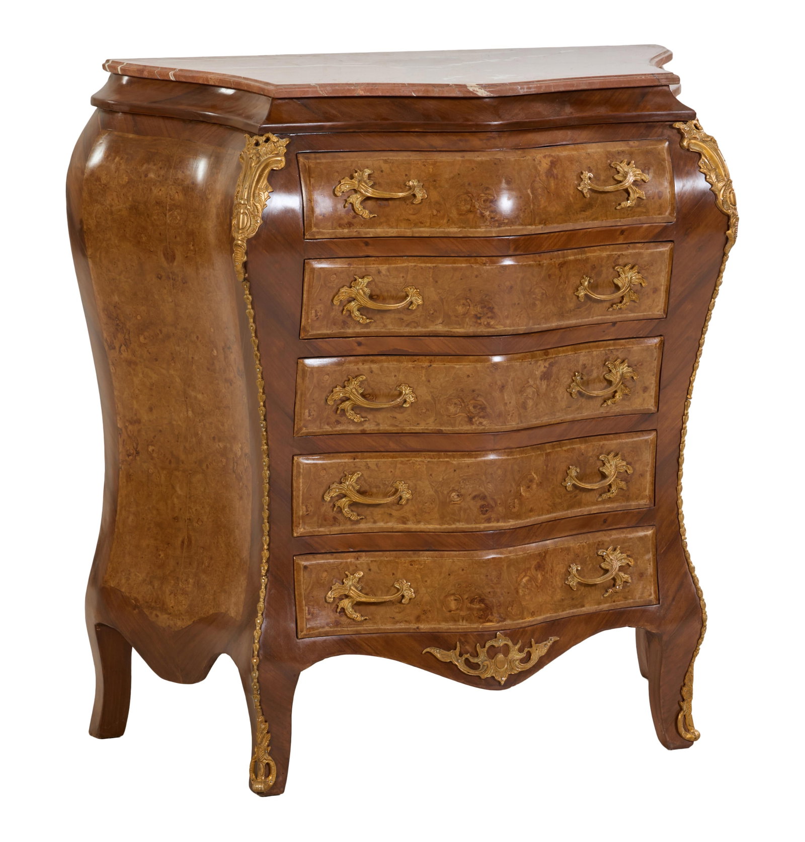Louis XV Style Ormolu Mounted Walnut Marble Top Bombe Commode, 21st c., H.- 42 3/4 in., W.- 37 in., (1 of 2)