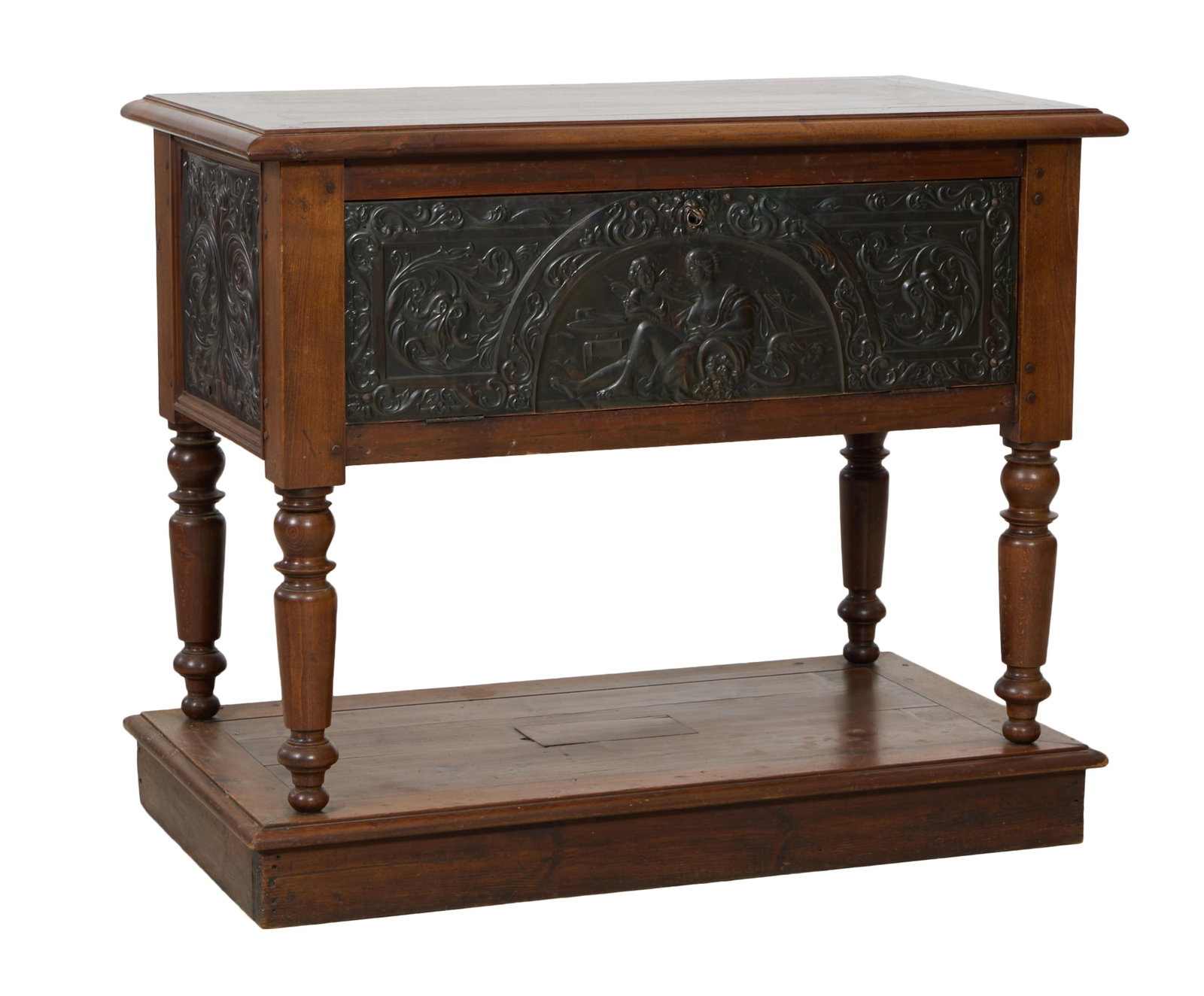 French Renaissance Revival Pressed Metal and Walnut Coffer on Stand, early/mid 20th c., H.- 36 1/2 (1 of 3)