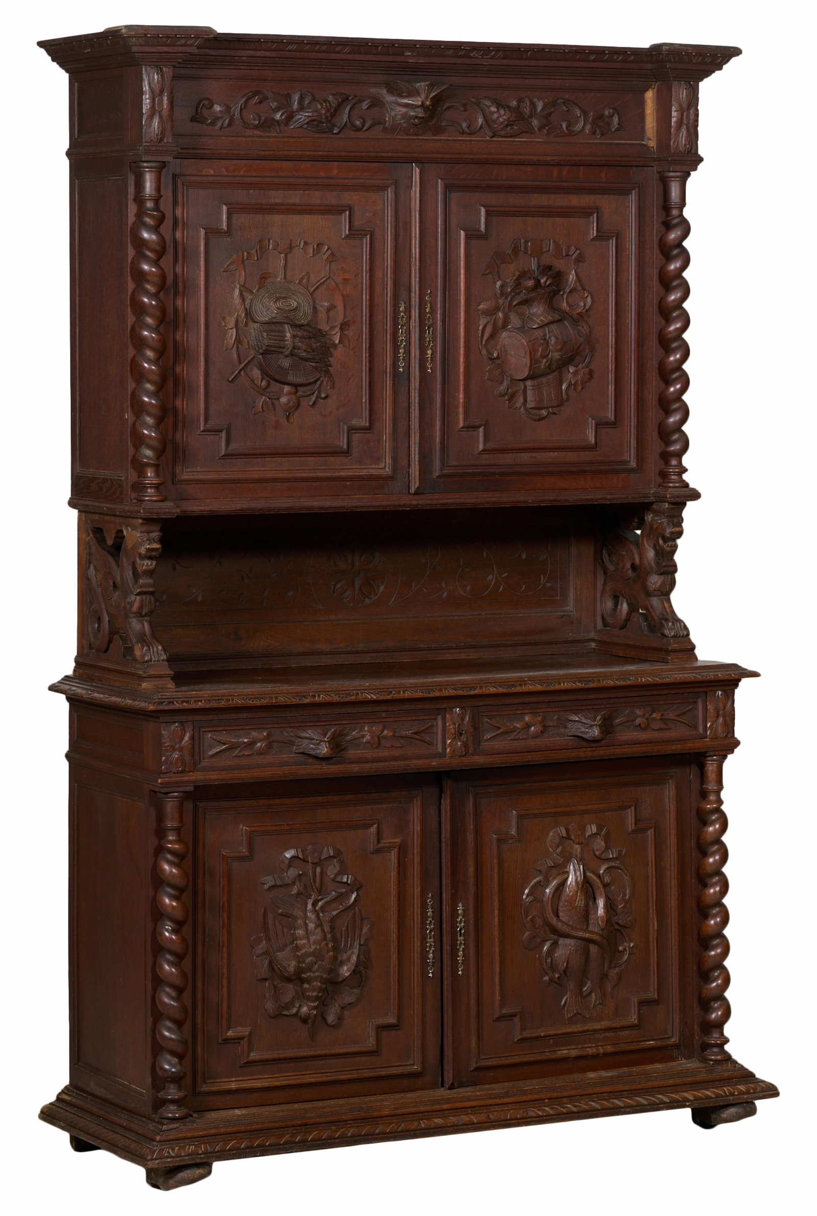 French Henri II Style Carved Walnut Buffet a Deux Corps, late 19th c., H.- 76 1/2 in., W.- 54 in., (1 of 3)
