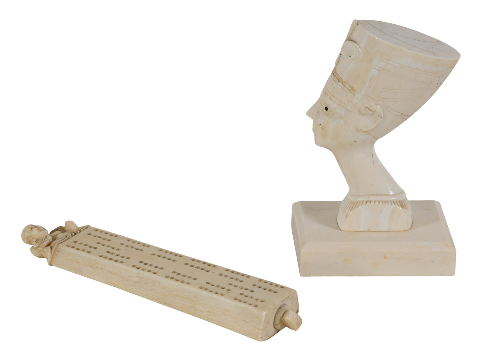 Ivory Cribbage Board and Ivory Egyptian Inspired Bust of Nefertiti, early 20th c., Cribbage- H.- 7 (1 of 6)