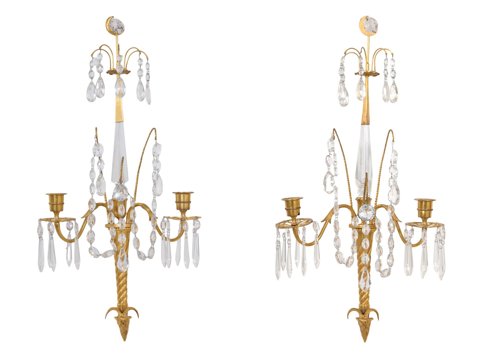 Pair of Gilt Bronze Two Light Prism Hung Candle Sconces, 20th c., Each- H.- 21 1/2 in., W.- 11 in., (1 of 3)