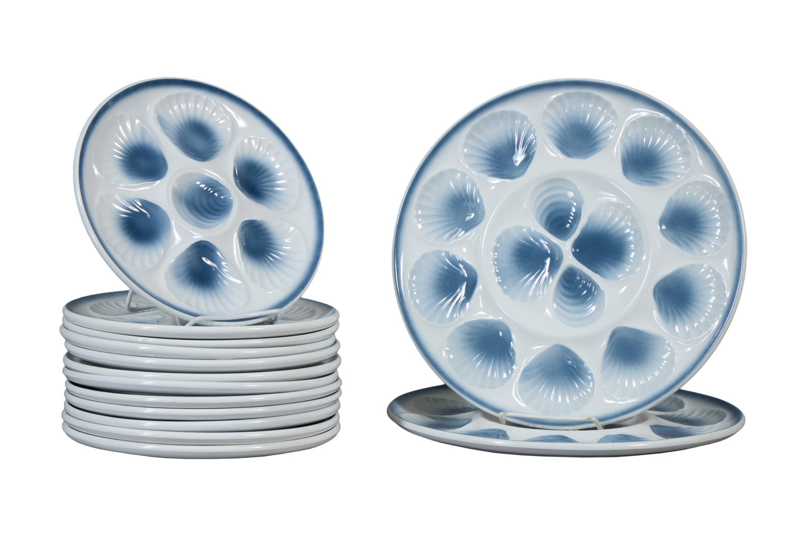Fourteen Piece Ceramic Blue Oyster Set., 20th c., Plates- H.- 1 in., Dia.- 9 1/2 in. (14 Pcs.) (1 of 3)