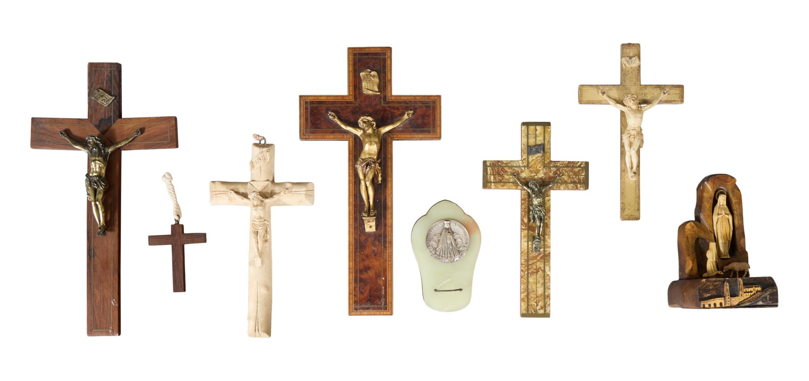 Group of Eight Religious Objects, 20th c., Largest Crucifix- H- 13 3/4 in., W.- 7 1/4 in., D.- 1 1/4 (1 of 8)