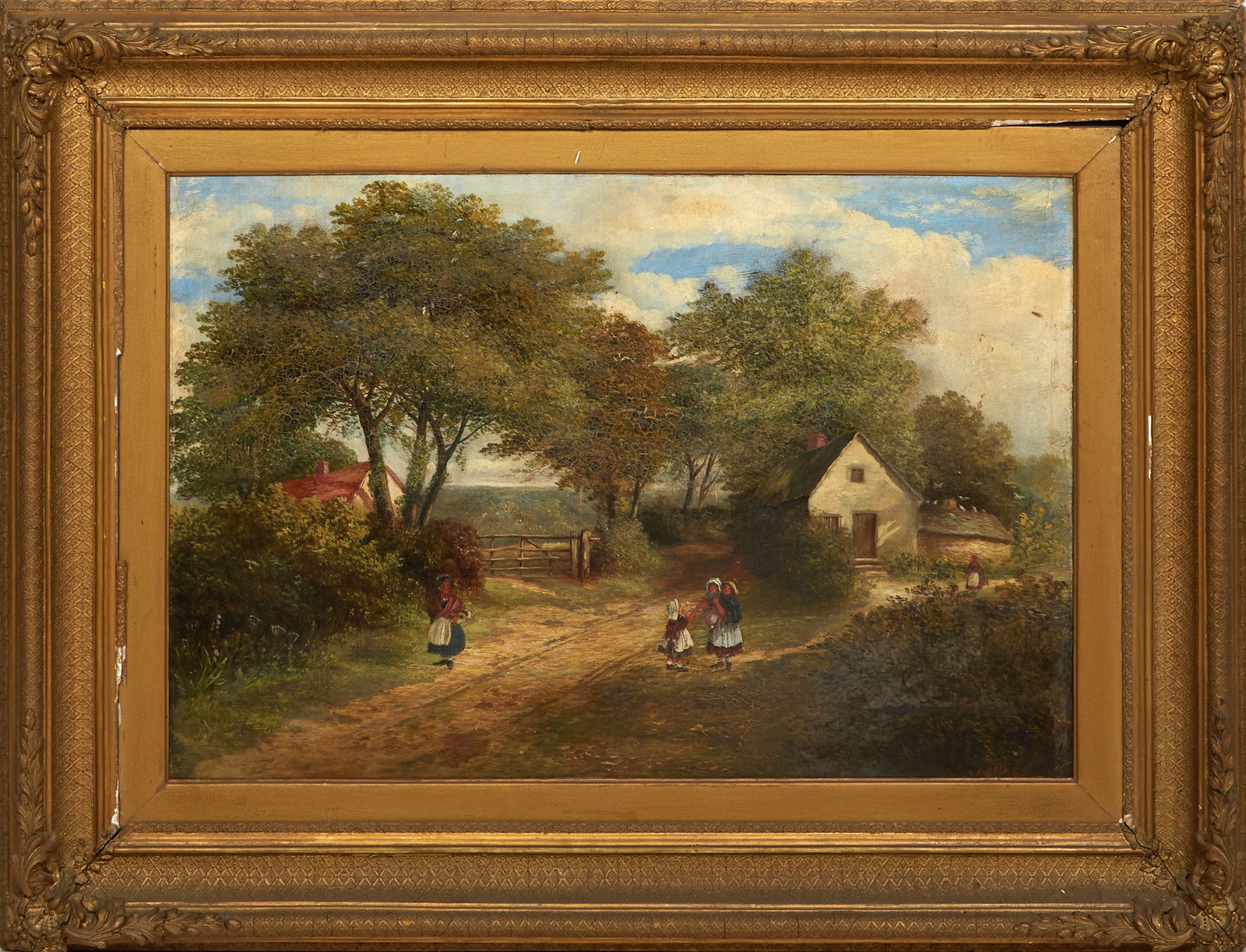 British School (19th Century), "Children Playing in the Farmyard Road," H.- 19 in., W.- 27 in., (1 of 4)