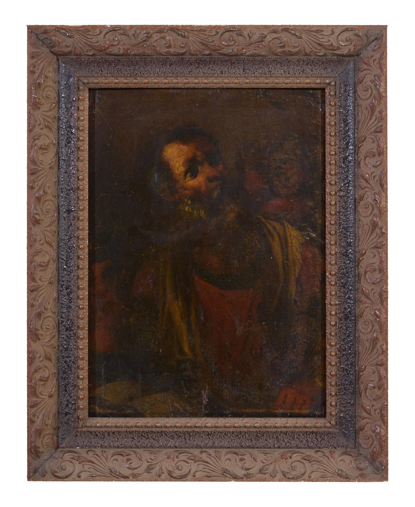 Continental School (19th Century), "Bearded Holy Man with Scripture, Likely Saint Matthew," H.- 15: Continental School (19th Century), "Bearded Holy Man with Scripture, Likely Saint Matthew," oil on wood panel, oddly inscribed "Rembrandt" en verso, presented in a carved wood frame, H.- 15 3/4 in., W