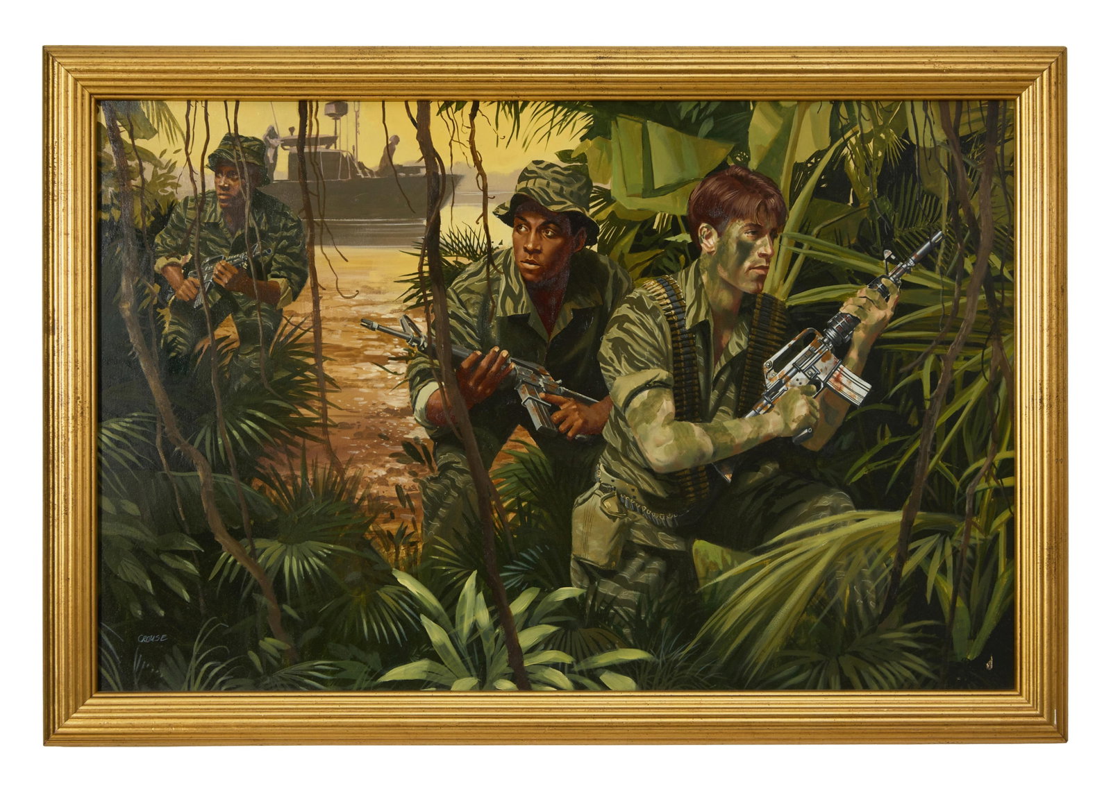 Daniel Crouse (American, 1938-1992), "Vietnam," H.- 20 in., W.- 30 in., Framed- H.- 22 1/2 in., W.-: Daniel Crouse (American, 1938-1992), "Vietnam," acrylic on canvas, signed lower left, presented in a giltwood frame, H.- 20 in., W.- 30 in., Framed- H.- 22 1/2 in., W.- 33 in. Provenance: Property fro