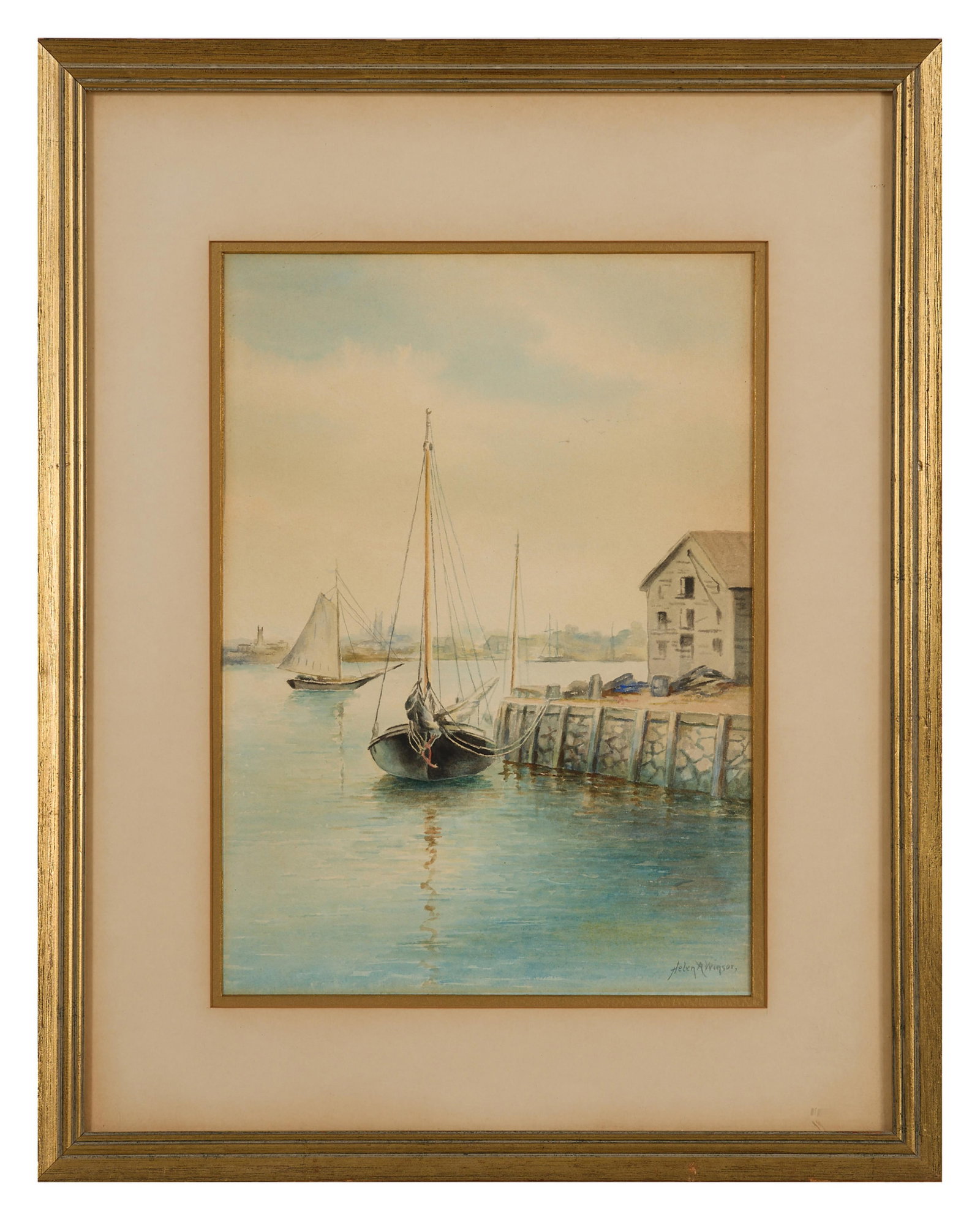 Helen Windsor (American/Massachusetts, 20th Century), "Sailboats in Harbor Near Stone Pier," Sight- (1 of 4)