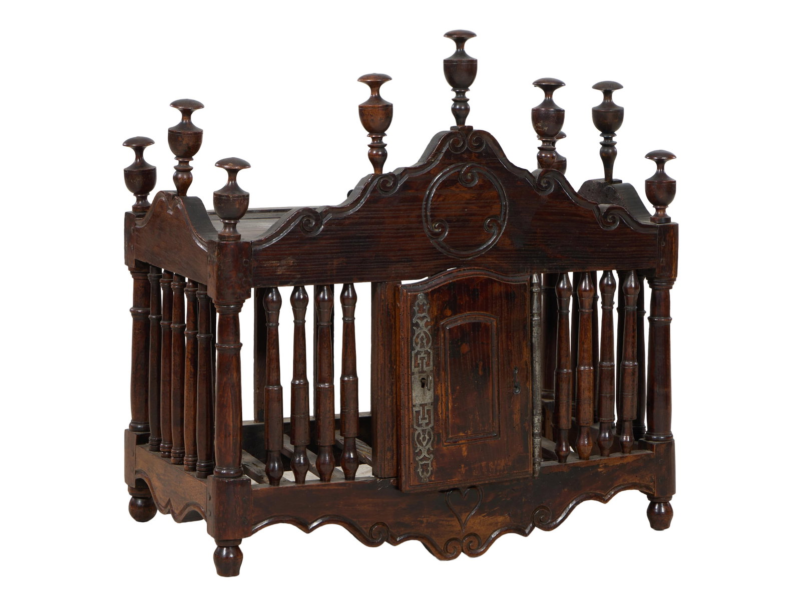 French Provincial Louis XV Style Panettiere, mid 19th c., H.- 30 3/4 in., W.- 31 in., D.- 15 1/2 in.: French Provincial Louis XV Style Panettiere, mid 19th c., the arched wave scrolled urn finialed crest over central door, balustrade surround, scalloped apron into toupie feet, H.- 30 3/4 in., W.- 31 i