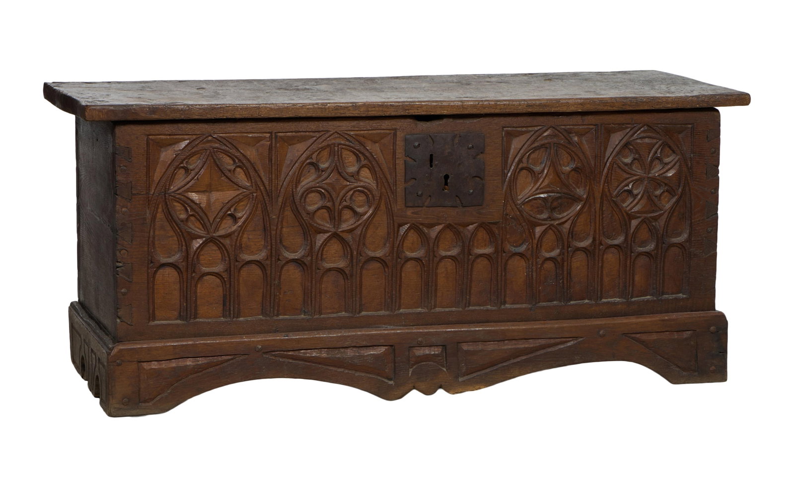 French Renaissance Revival Gothic Walnut Coffer, late 18th to early 19th c., H.- 23 in., W.- 52 in., (1 of 3)
