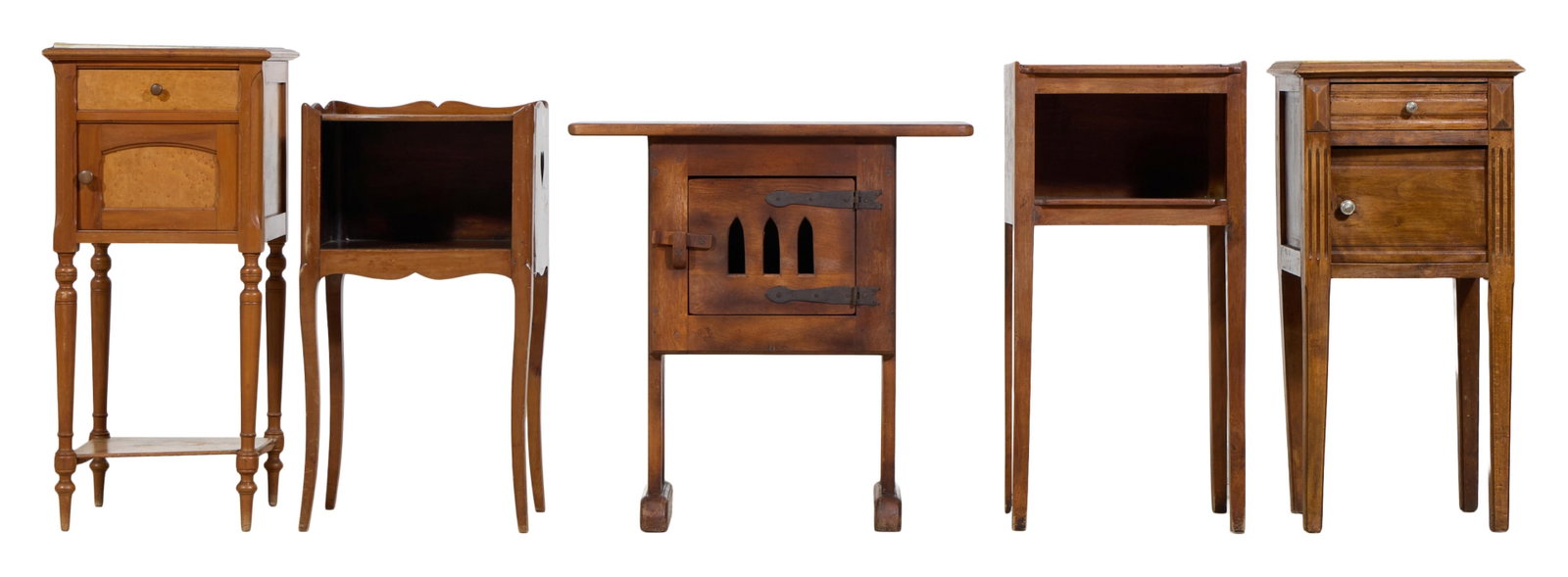 Lot of Five French Provincial Nightstands, mid/late 20th c., Marble Top- H.- 32 1/2 in., W.- 15 1/2: Lot of Five French Provincial Nightstands, mid/late 20th c., two with drawers, three with cabinets with doors, two open cupboards, various legs, Marble Top- H.- 32 1/2 in., W.- 15 1/2 in., D.- 13 1/2 