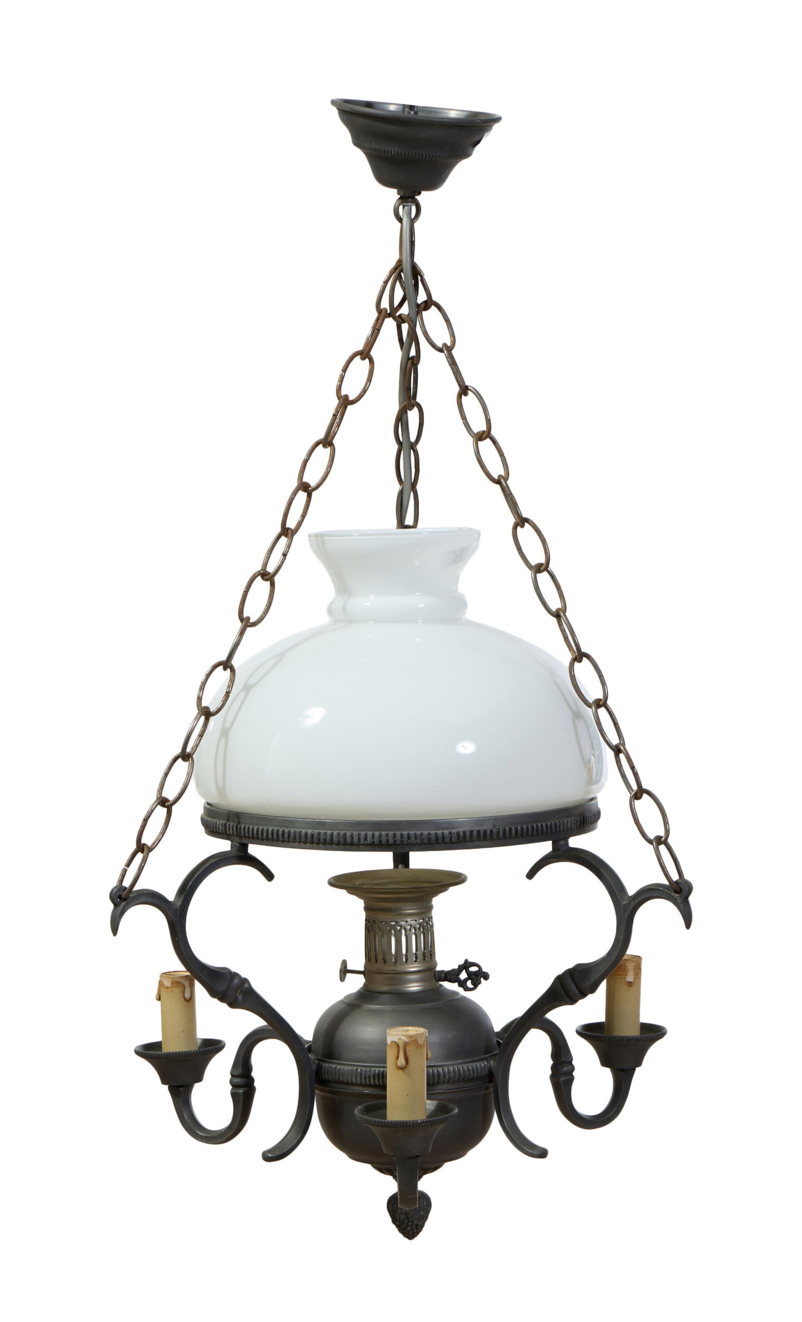 French Provincial Oil Lamp Chandelier, mid 20th c., H.- 34 1/2 in., W.- 19 in., D.- 19 in. (1 of 2)