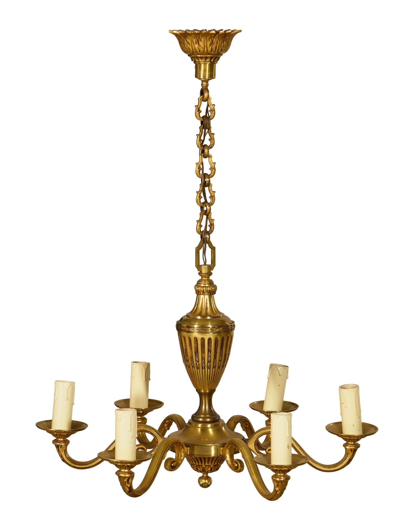 French Louis XV Style Gilt Brass Chandelier, late 20th c., H.- 40 in., Dia.- 26 1/4 in.: French Louis XV Style Gilt Brass Chandelier, late 20th c., leaf canopy with shaped link chain over fluted and stop fluted urn form standard, six scrolled arms, lower pendant, H.- 40 in., Dia.- 26 1/4 