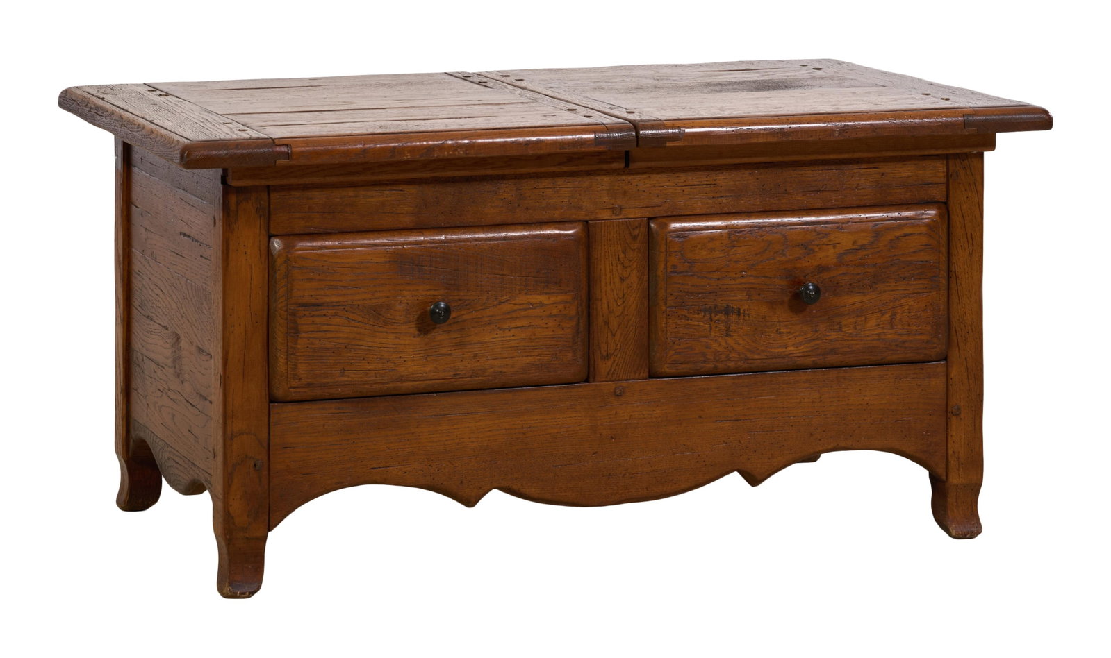 French Provincial Inspired Oak Coffee Table, late 20th c., H.- 20 in., W.- 40 in., D.- 24 in. (1 of 2)