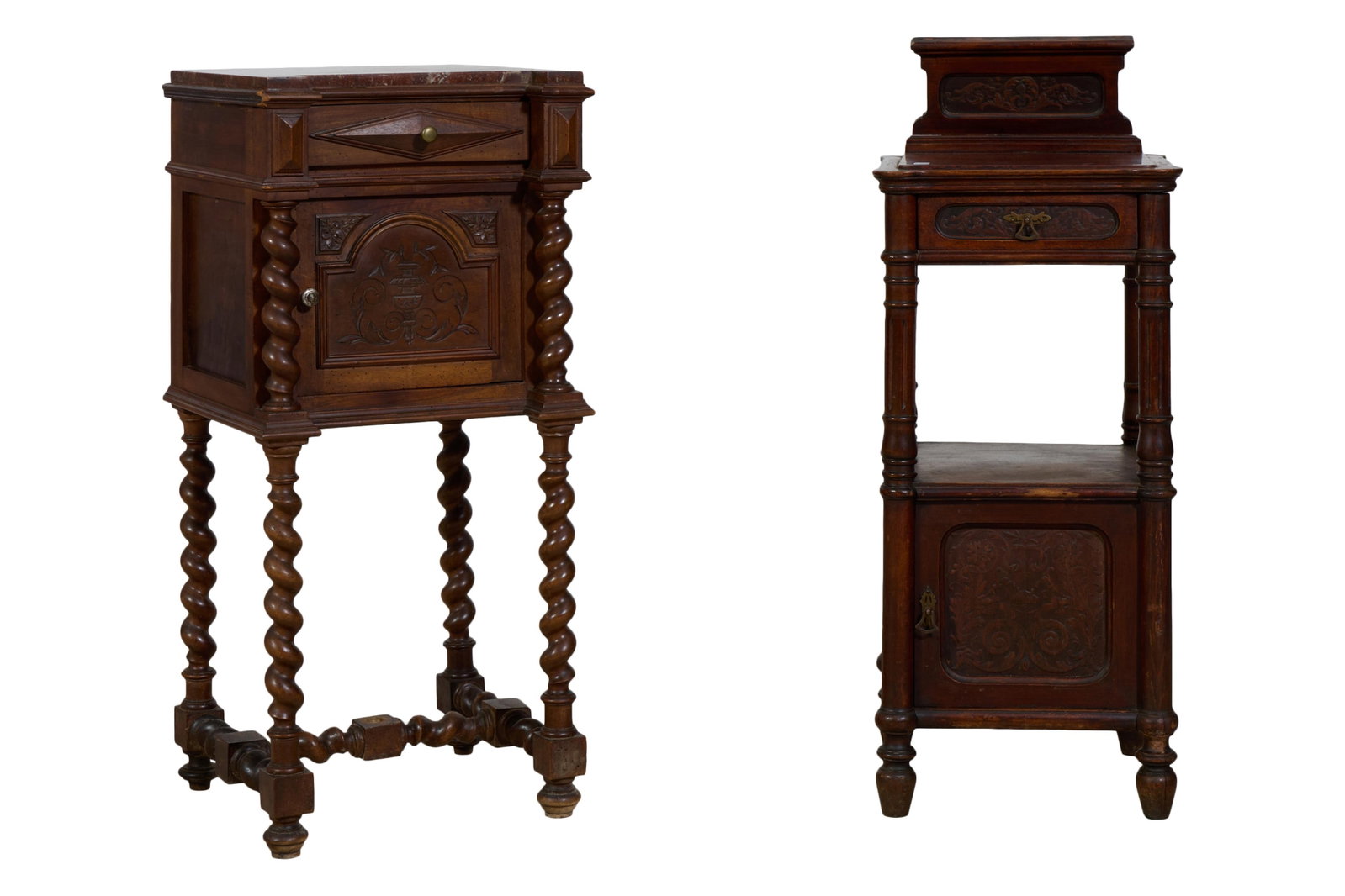 Two French Louis XIII Style Marble Top Nightstands, late 19th c., Taller- H.- 38 1/2 in., W.- 15 1/2 (1 of 5)
