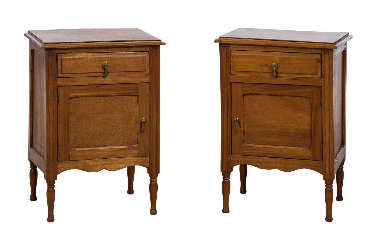Pair of French Art Nouveau Cherry Nightstands, early 20th c., H.- 22 3/4 in., W.- 16 in., D.- 12 1/4: Pair of French Art Nouveau Cherry Nightstands, early 20th c., the moulded rectangular top over frieze drawer, lower cabinet door, ring turned vasiform legs, H.- 22 3/4 in., W.- 16 in., D.- 12 1/4 in. 
