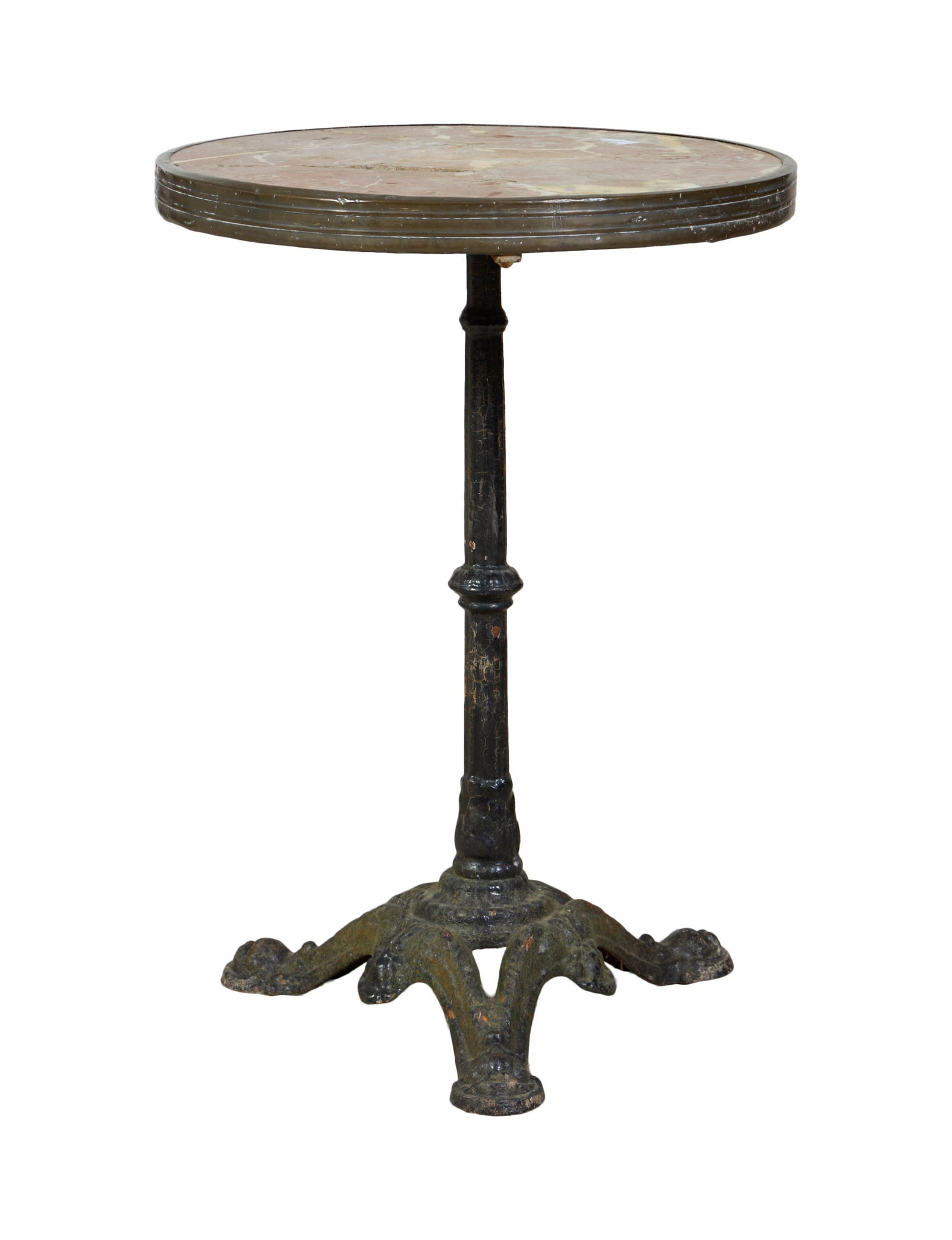 French Parisian Cast Iron Marble Top Bistro Table, early 20th c., H.- 28 in., Dia.- 20 in. (1 of 2)