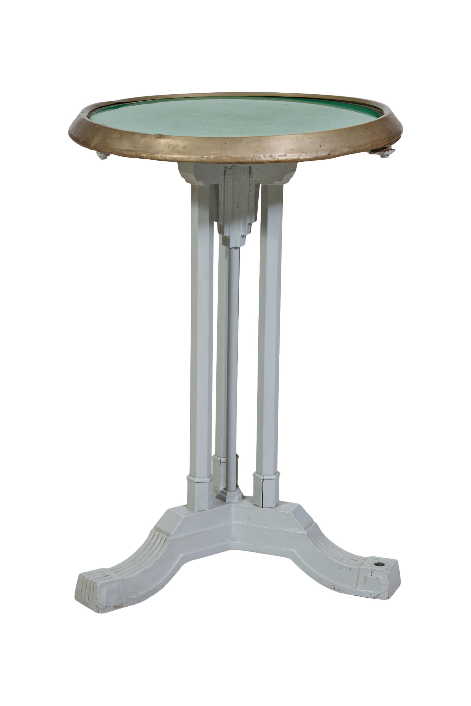 French Parisian Art Deco Brass Glass and Iron Bistro Table, early 20th c., H.- 28 1/2 in., Dia.- 20 (1 of 2)