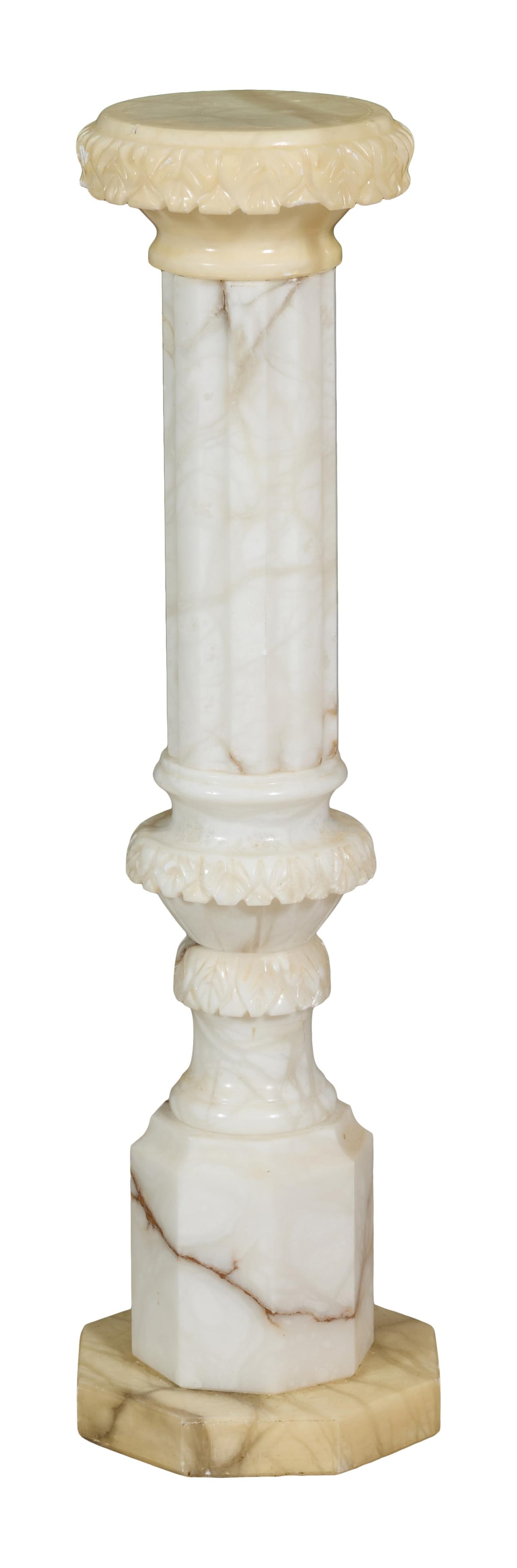 Antique Continental Marble Pedestal, late 19th c., H.- 37 1/2 in., Dia.- 12 in.: Antique Continental Marble Pedestal, late 19th c., the round leaf carved top over fluted segment over leaf vasiform lower segment on octagonal base, H.- 37 1/2 in., Dia.- 12 in.