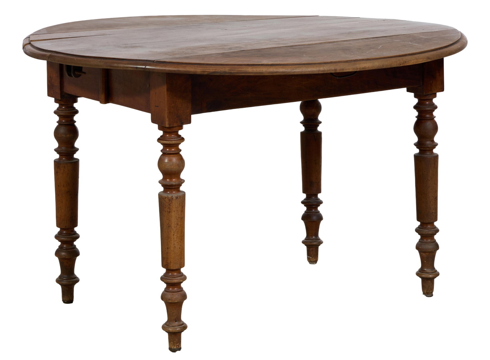 French Louis Philippe Walnut Drop Leaf Dining Table, mid 19th c., H.- 27 5/8 in., W.- 45 in., D.- (1 of 2)