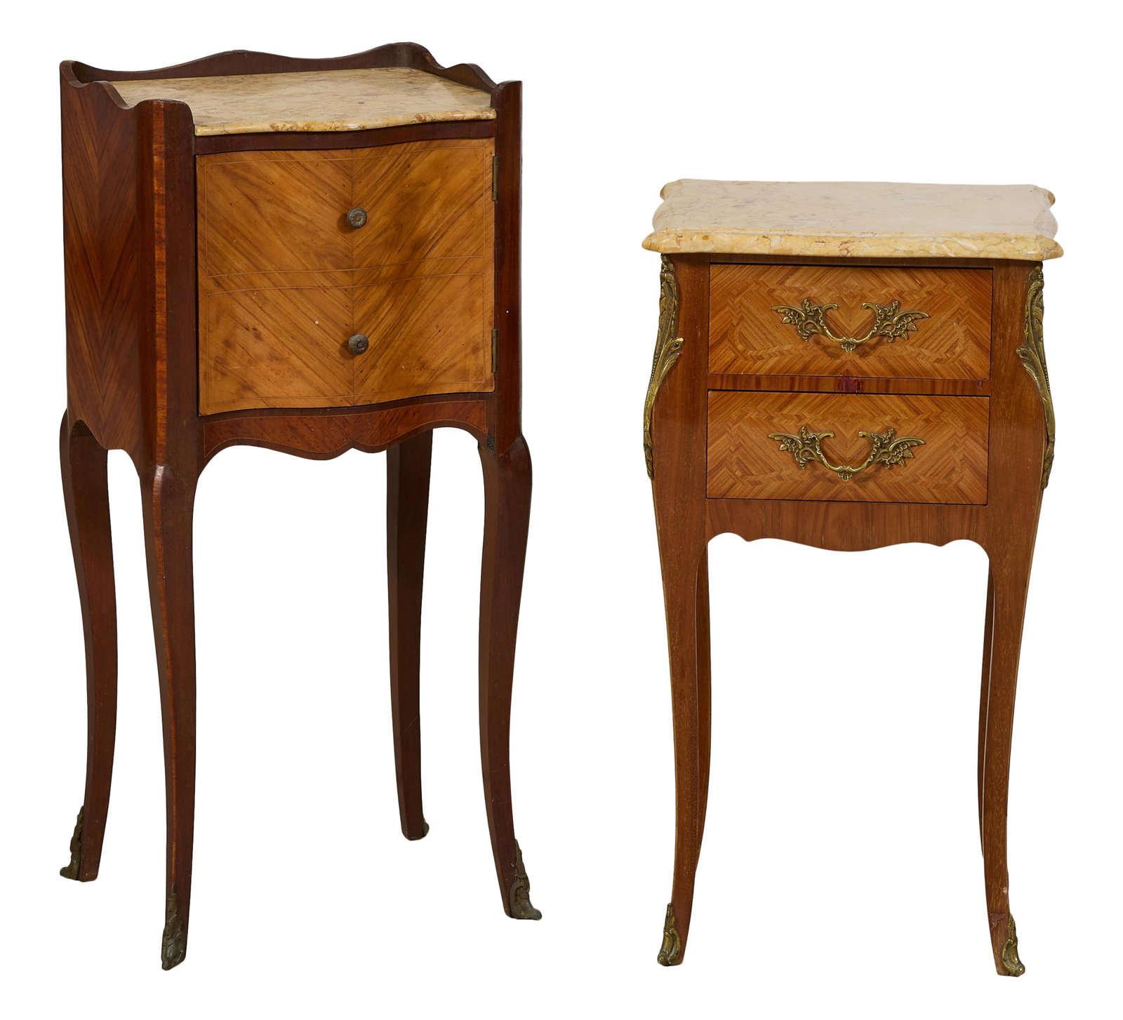 Two French Louis XV Style Marble Top Nightstands, late 19th c., Taller- H.- 31 1/2 in., W.- 14 1/2 (1 of 5)