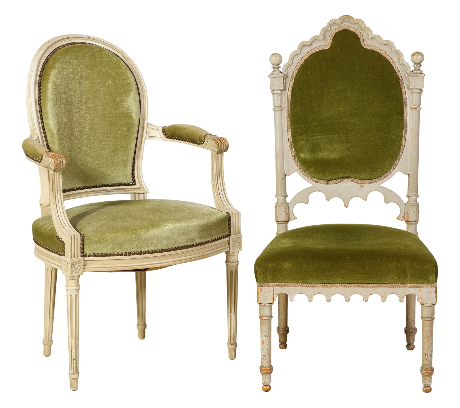 Two French Creme Peinte Chairs, late 19th/20th c., Armchair- H.- 38 in., W.- 23 1/2 in., D.- 20 in. (1 of 3)