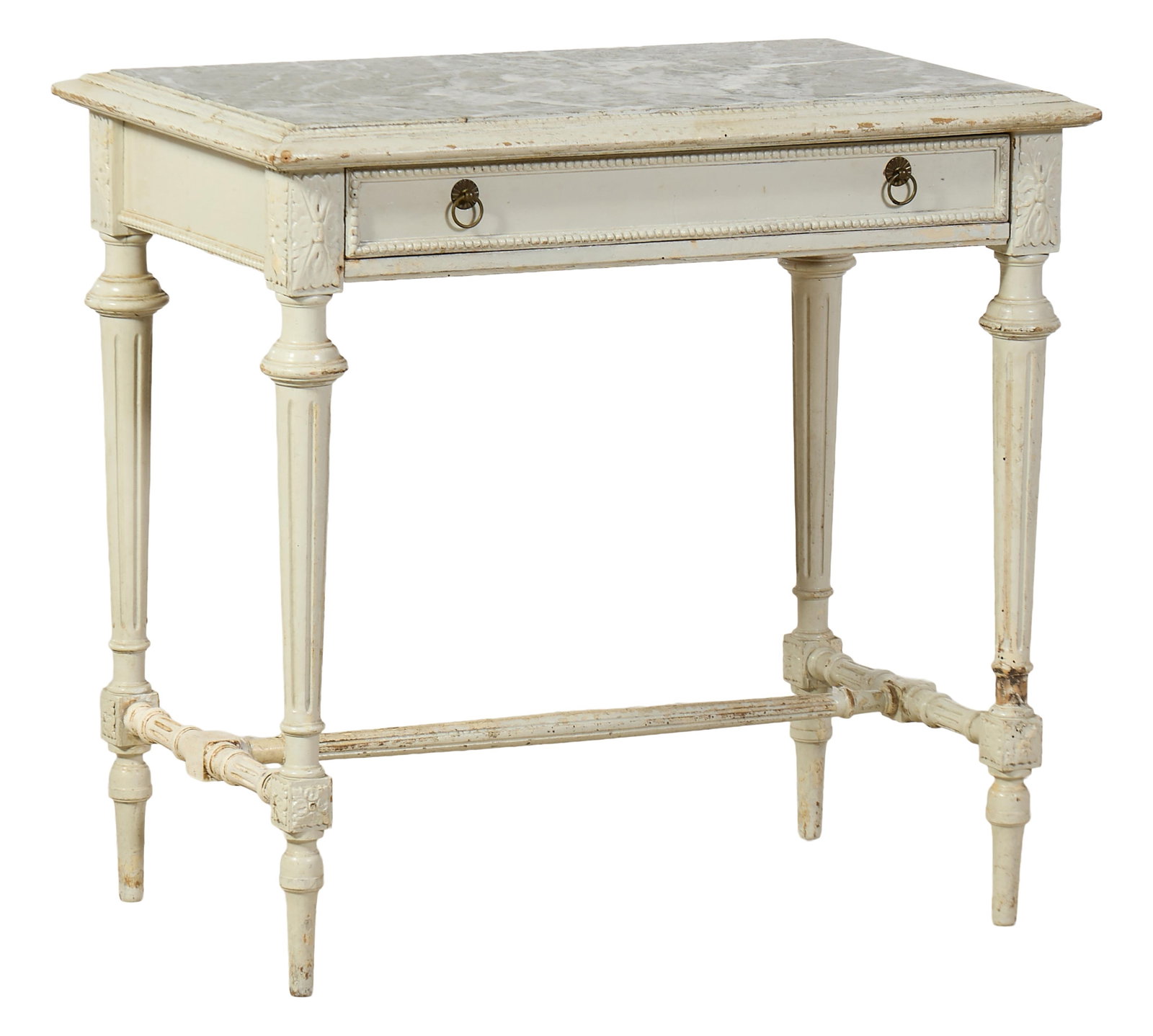 French Louis XVI Style Marble Top Creme Peinte Side Table, mid 20th c., H.- 29 in., W.- 31 in., D.- (1 of 2)