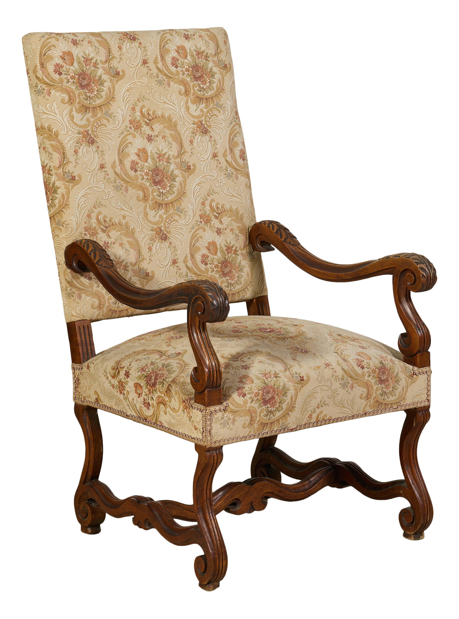 French Louis XIV Style Carved Walnut Fauteuil, early 20th c., H.- 44 1/2 in., W.- 25 in., D.- 28 in. (1 of 1)
