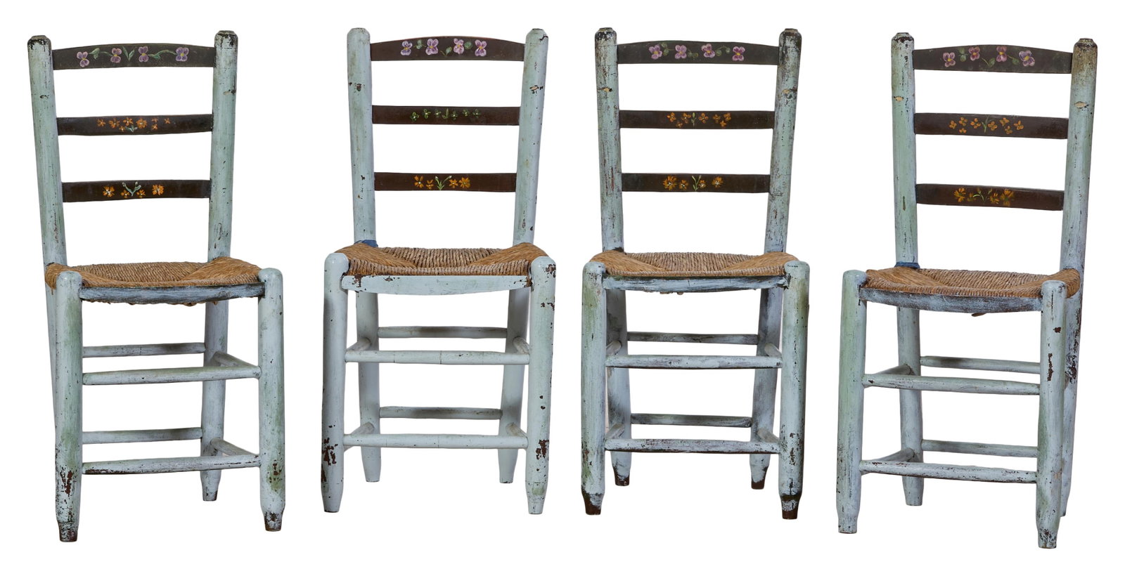 Four French Provincial Polychromed Ladder Back Chairs, mid/late 20th c., H.- 34 3/4 in., W.- 15 1/2 (1 of 2)
