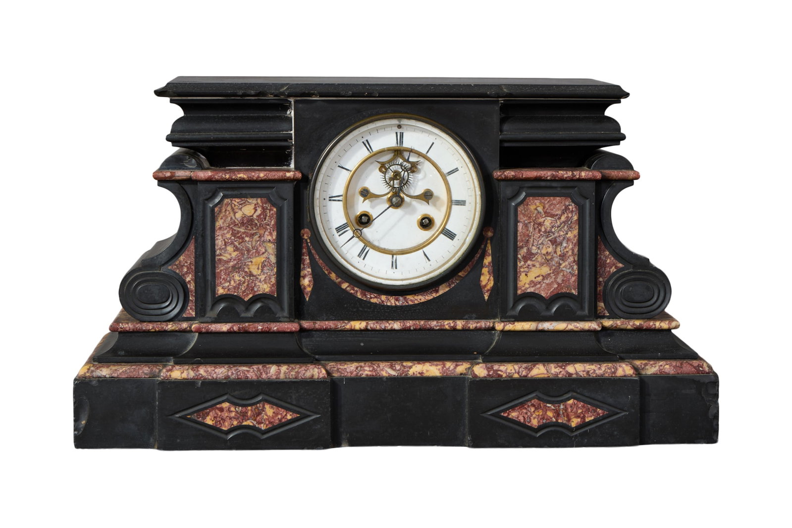 French Napoleon III Inlaid Mixed Marble Temple Form Mantel Clock, late 19th c., H.- 10 3/4 in., W.- (1 of 3)