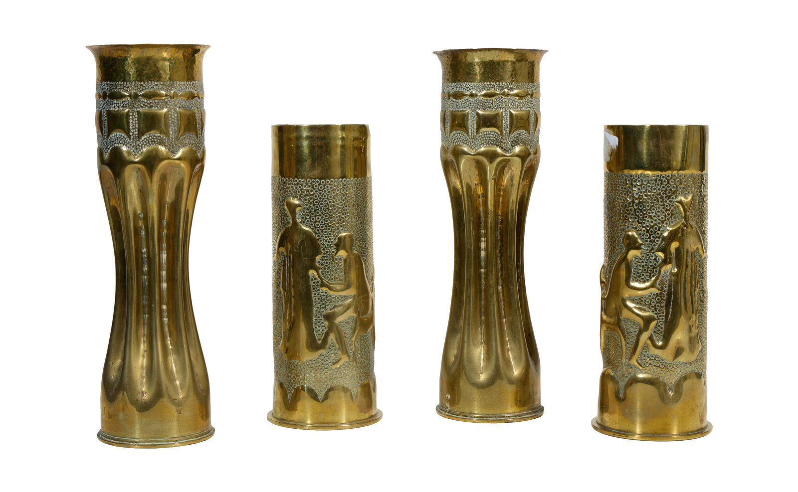 Four Brass Trench Art Vases, 20th c., Tall Pair- H.- 11 1/4 in., Dia.- 3 1/2 in.; Short Pair- H.- 9: Four Brass Trench Art Vases, 20th c., consisting of a tall pair of crimped vases, and a shorter pair of relief figural decorated examples, Tall Pair- H.- 11 1/4 in., Dia.- 3 1/2 in.; Short Pair- H.- 9
