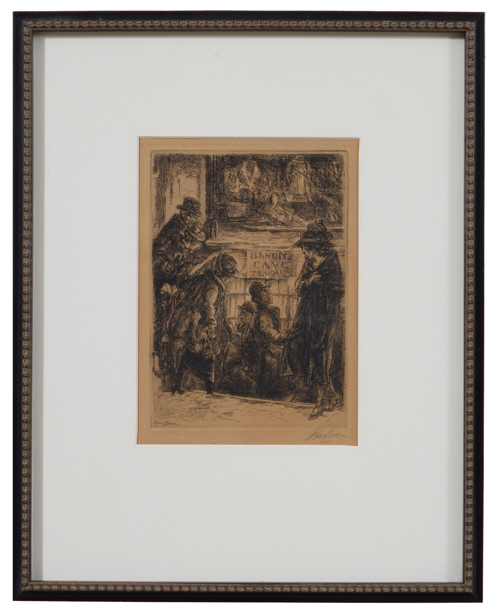 John Sloan (American, 1871-1951), "Bandits Cave," 1920, Sight- H.- 7 3/4 in., W.- 5 1/2 in., Framed-: John Sloan (American, 1871-1951), "Bandits Cave," 1920, etching on paper, signed in print lower left, pencil signed lower right margin, presented in a wood frame, Sight- H.- 7 3/4 in., W.- 5 1/2 in., 
