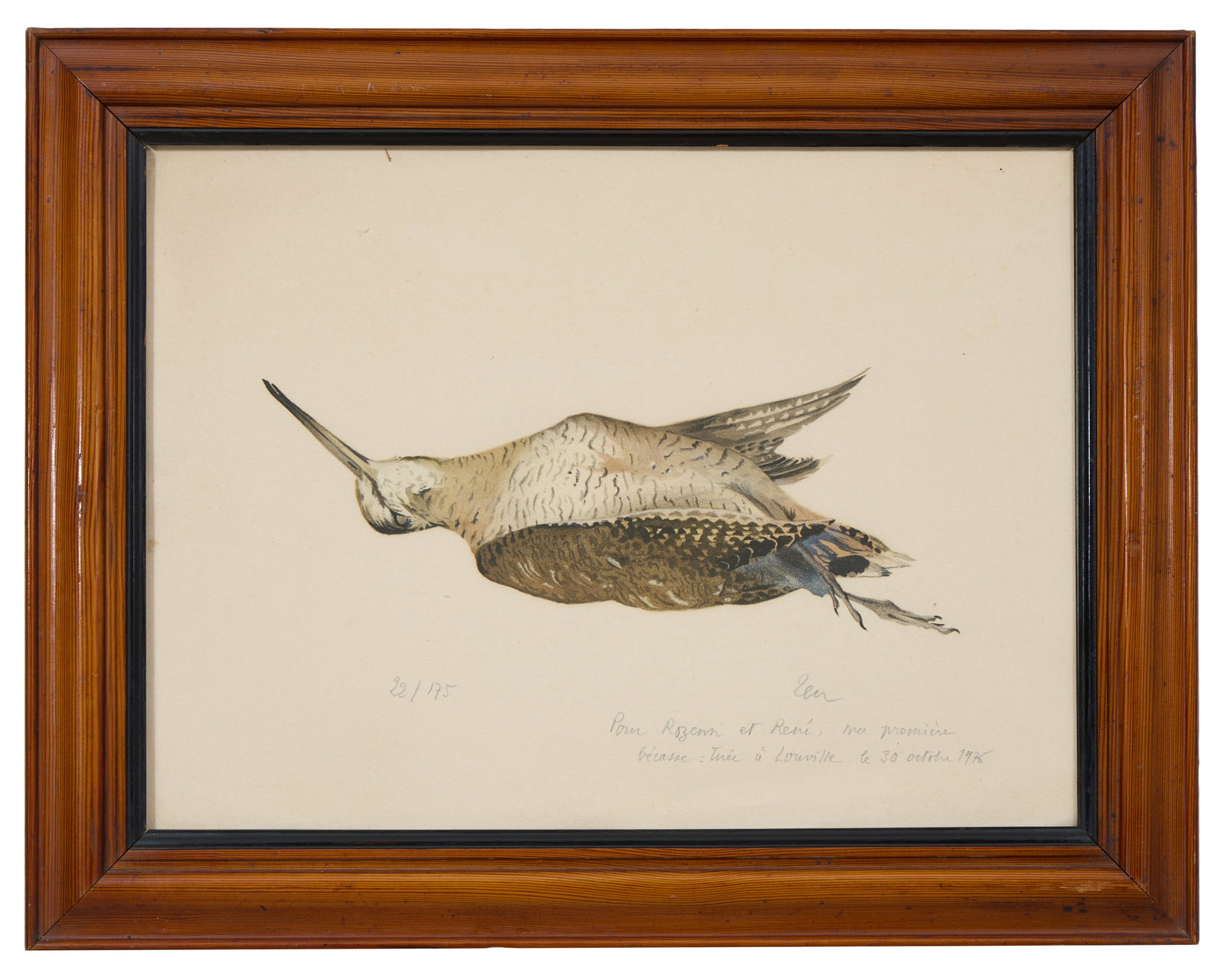 Etienne "Ten" Fougeron (French, 20th Century), "Nature Morte: Becasse (Woodcock)," 1976, Sight- H.-: Etienne "Ten" Fougeron (French, 20th Century), "Nature Morte: Becasse (Woodcock)," 1976, hand-colored lithograph, signed "Ten" and inscribed in French lower right "Pour Rozenne et Rene, ma premiere be