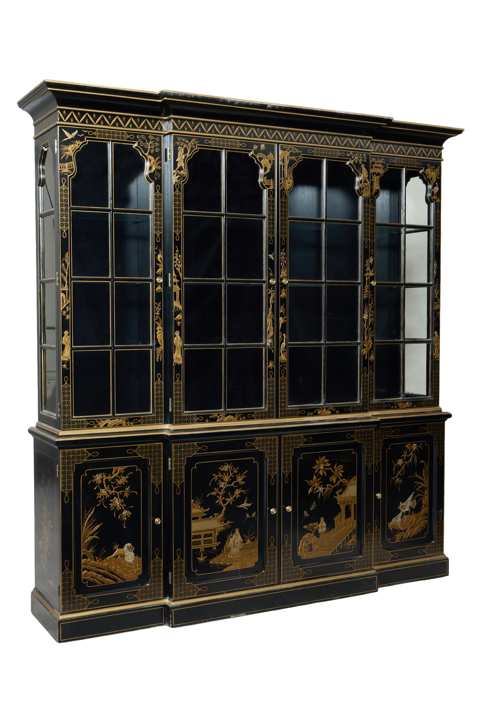 Chinese Ebonized Gilt Decorated Breakfront Bookcase, mid/late 20th c., H.- 81 3/4 in., W.- 74 in.,: Chinese Ebonized Gilt Decorated Breakfront Bookcase, mid/late 20th c., the superstructure with a molded cornice with a projected center, with two glazed decorated doors, with a shelved interior, flank
