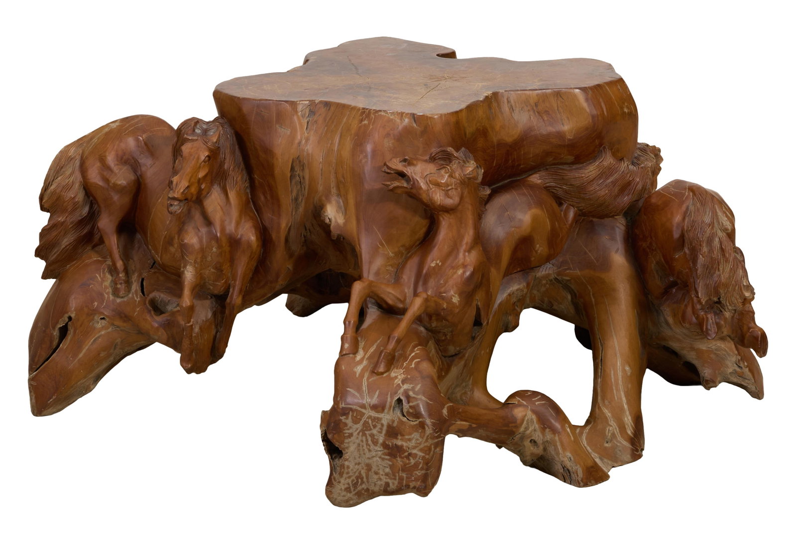Large Stallion Carved Teak Table Base, late 20th c., H.- 22 in., W.- 48 in., D.- 48 in. (1 of 4)