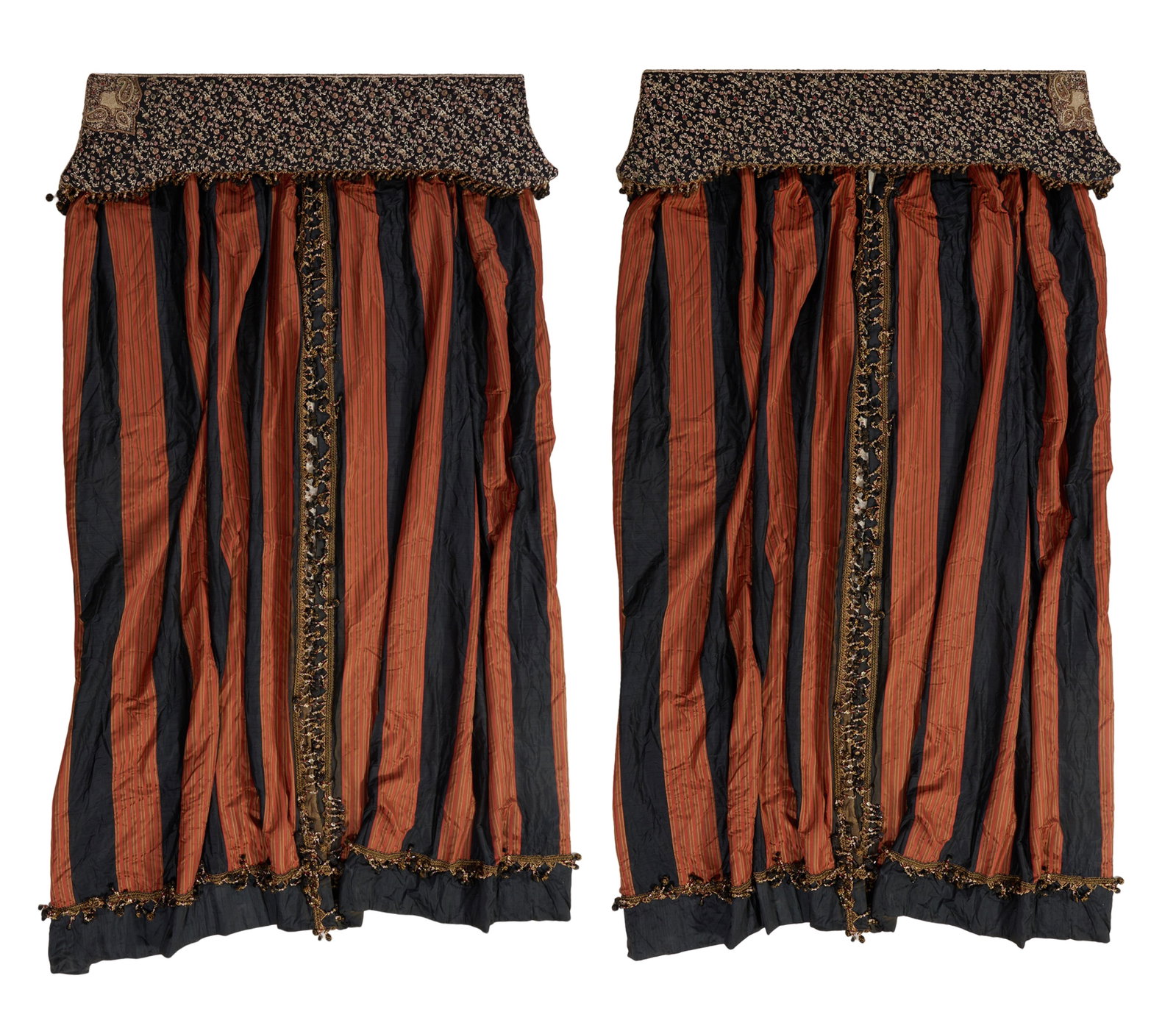 Two Beaded Applique Valences with Four Silk Drapery Panels, late 20th c., Valence- H.- 14 in., W.- (1 of 4)
