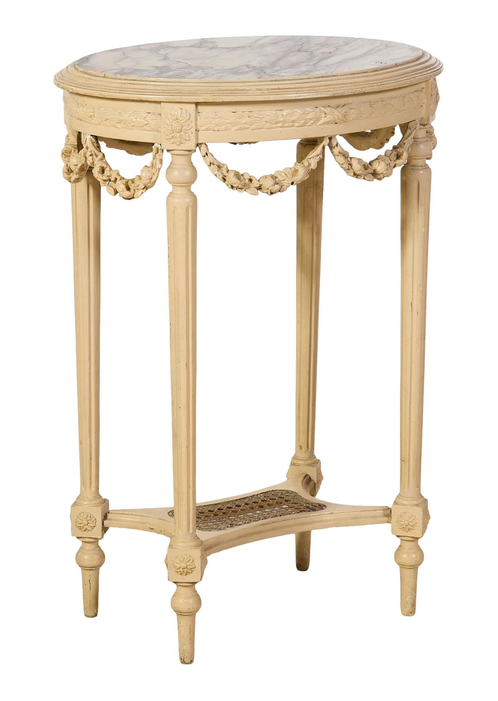 French Louis XVI Style Marble Top Creme Peinte Pedestal, mid 20th c., H.- 29 in., W.- 20 in., D.- 16 (1 of 2)