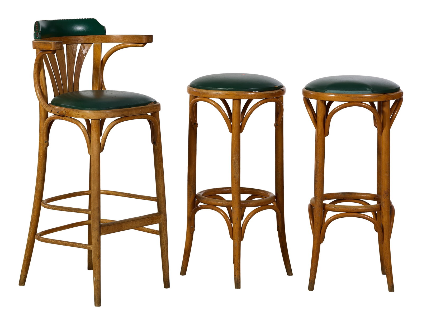 Three Continental Bentwood Bar Stools, early/mid 20th c., Arm Stool- H.- 42 in., W.- 21 1/4 in., D.- (1 of 3)