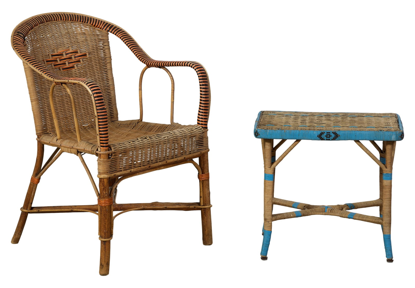French Provincial Wicker Fauteuil and Side Table, mid/late 20th c., Chair- H.- 32 in., W.- 20 1/2 (1 of 2)