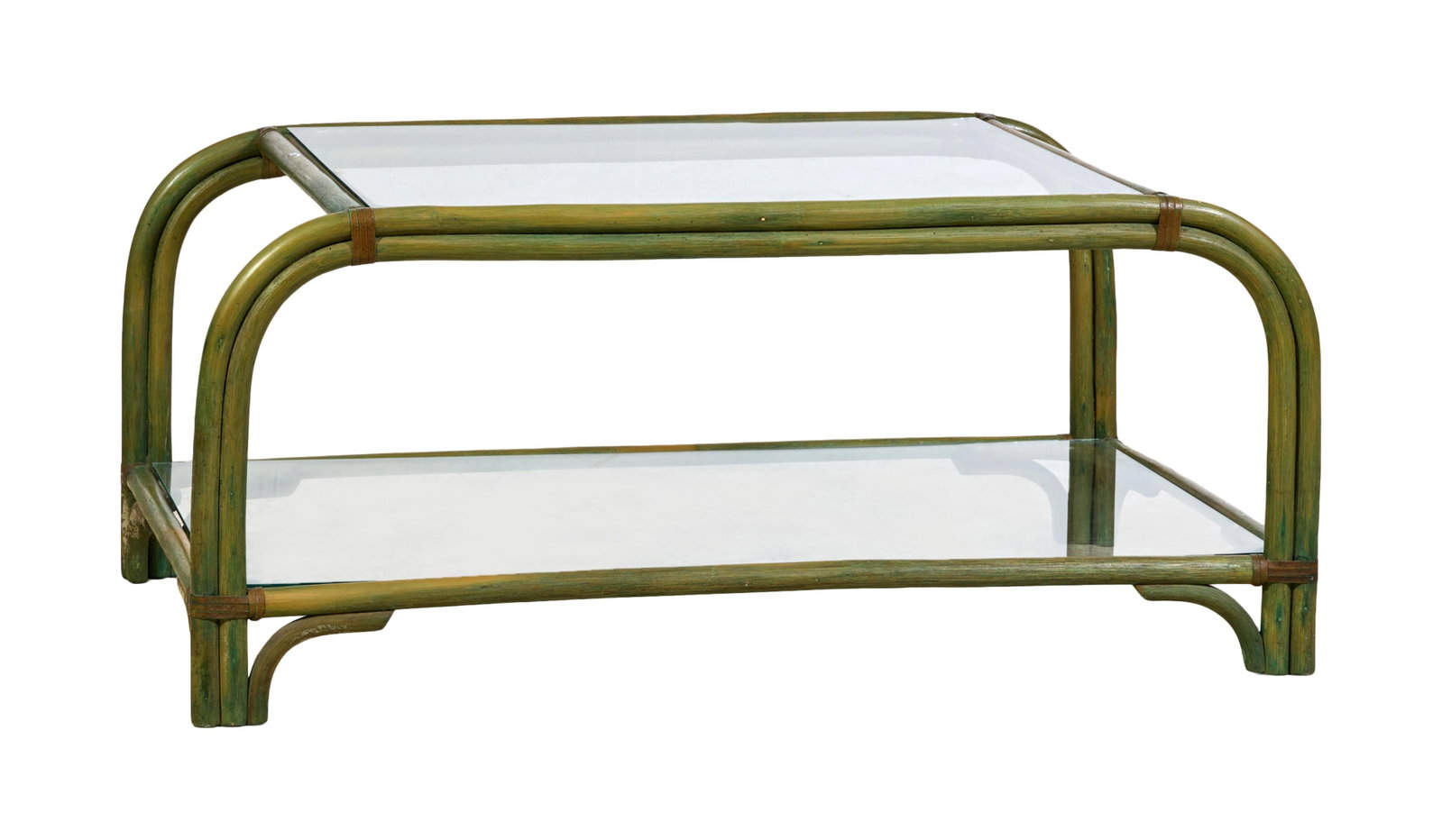 French Vert Rattan and Glass Coffee Table, mid 20th c., H.- 17 1/2 in., W.- 39 in., D.- 23 in. (1 of 1)