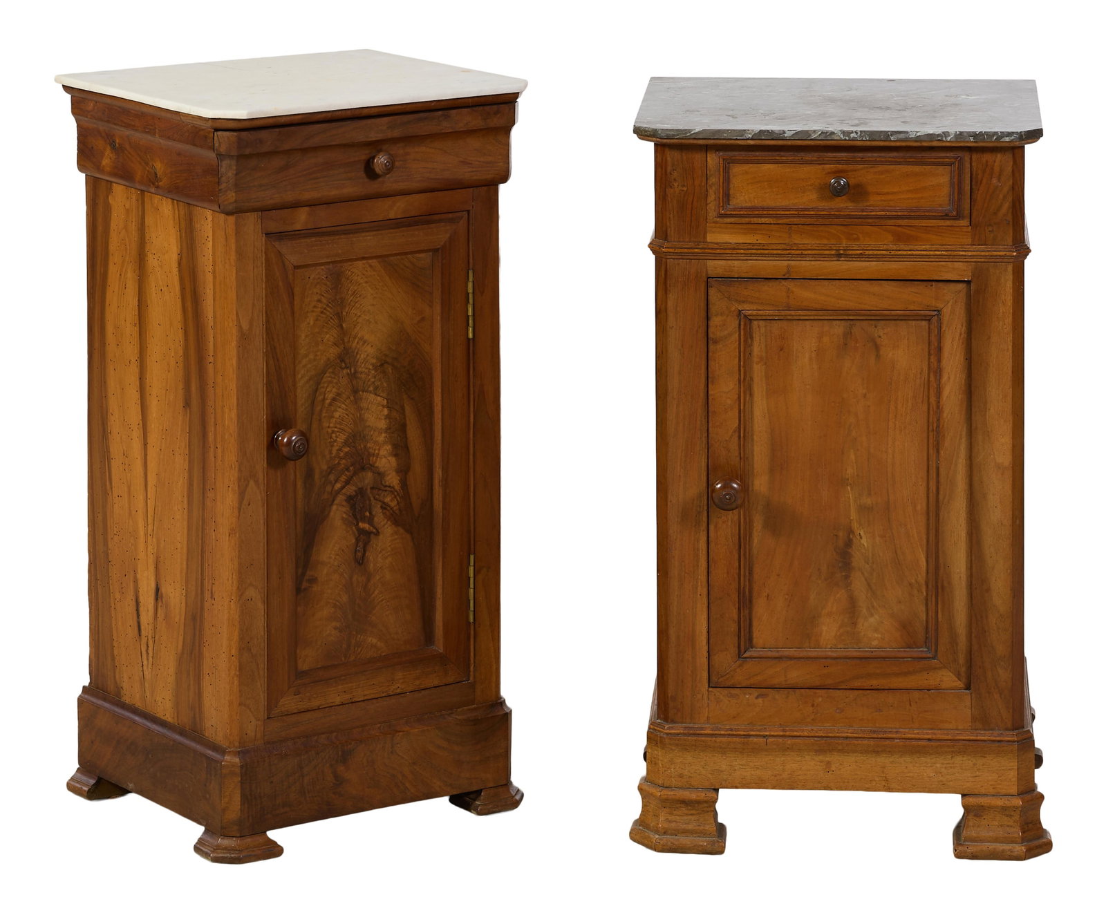 Two French Louis Philippe Marble Top Nightstands, mid 19th c., Each- H.- 30 in., W.- 15 in., D.- 13: Two French Louis Philippe Marble Top Nightstands, mid 19th c., both marble tops with canted corners, frieze drawer over cabinet door, shaped feet, Each- H.- 30 in., W.- 15 in., D.- 13 in. (2 Pcs.)