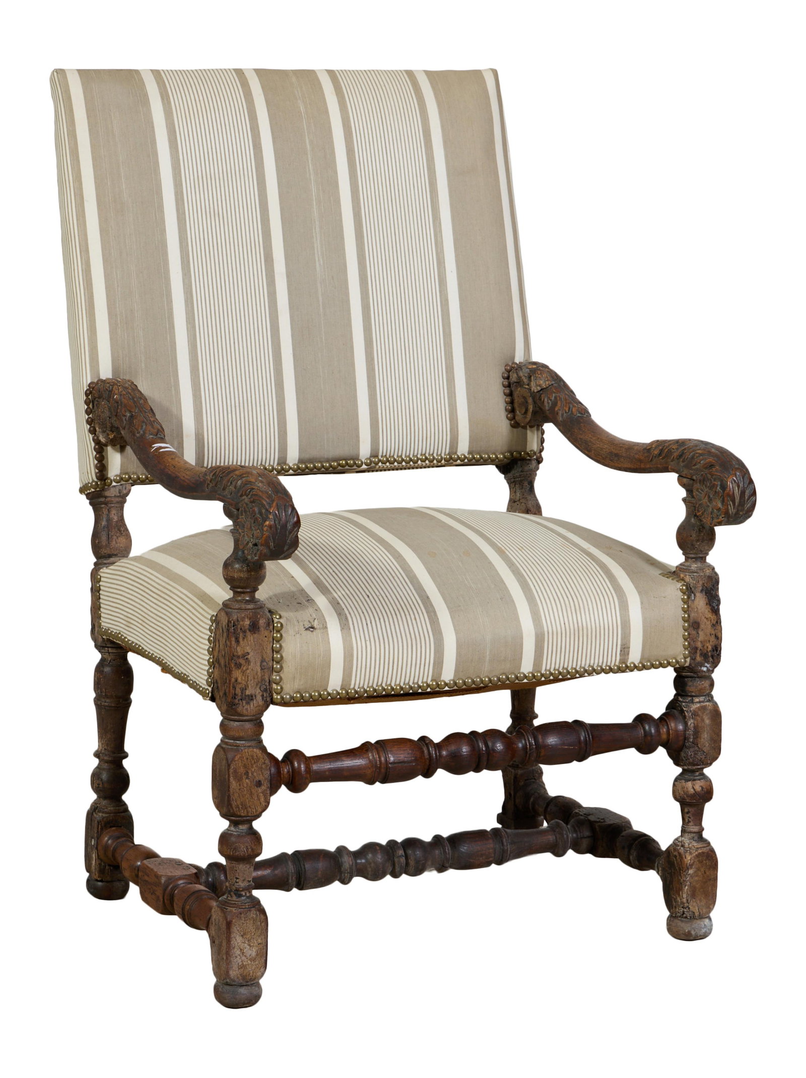 French Louis XIII Style Fauteuil, mid 19th c., H.- 39 1/4 in., W.- 24 in., D.- 27 in. (1 of 2)