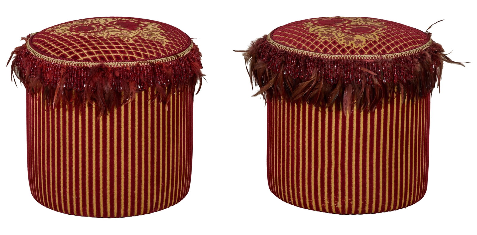 Pair of Upholstered Pouf Stools, late 20th c., Each- H.- 16 1/2 in., Dia.- 17 1/2 in. (2 Pcs.) (1 of 2)